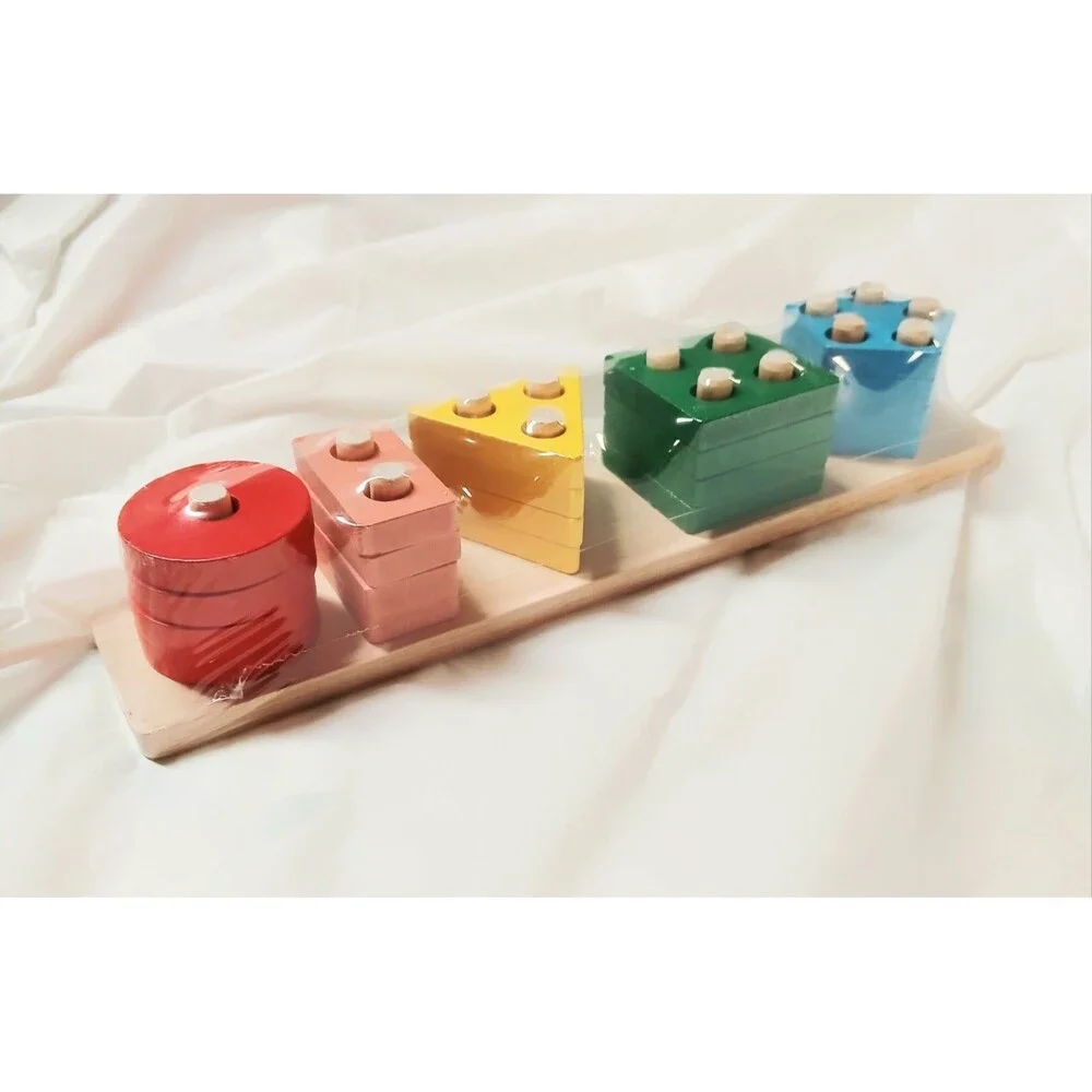 Wooden Peg Board Shape Sorter Stacking Toy Set with Colorful Shapes